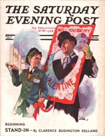 Saturday Evening Post, 1937. Delivery boy ringing doorbell, waits with man in formal attire (and top hat) who has his head through a cut out in a big Valentine card